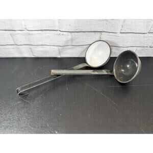 2 Vintage Enamelware LADLES Graniteware BLACK/WHITE & GREY, Hook End For Hanging